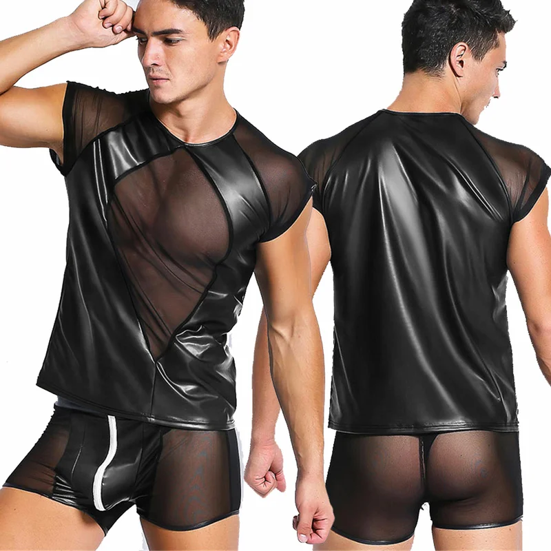 

Мужские майки, черные сетчатые футболки из искусственной кожи, спортивные топы для фитнеса, рубашка из ПВХ кожи, мужское нижнее белье, Клубн...