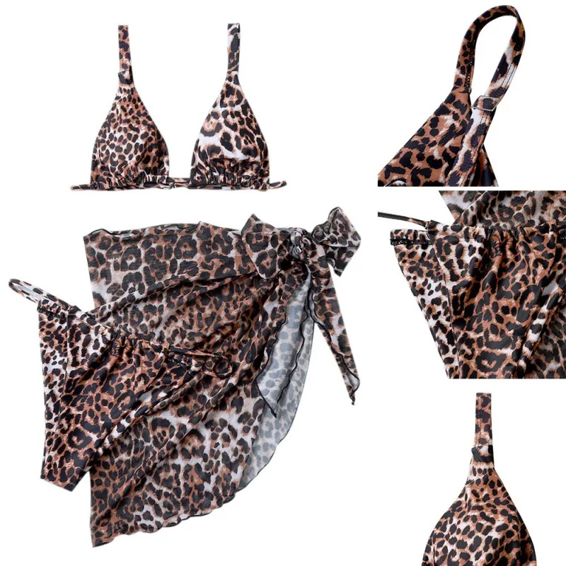 

Women Low Waist Bathing Suit New Sexy Leopard Swimsuit 3 pieces Mesh Bikini Set Triangle Micro bikini String Halter Swimwear