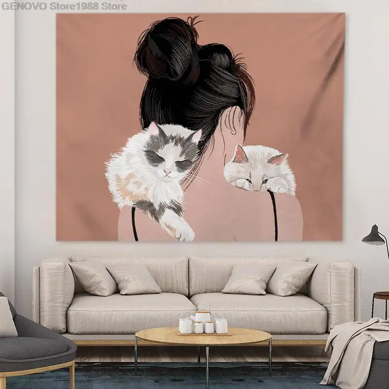 

Katze Und Kawaii Mädchen Cartoon Tapisserie Wand Hängen Wandteppiche Kawaii Wohnkultur Mandala Strand Böhmischen Deco