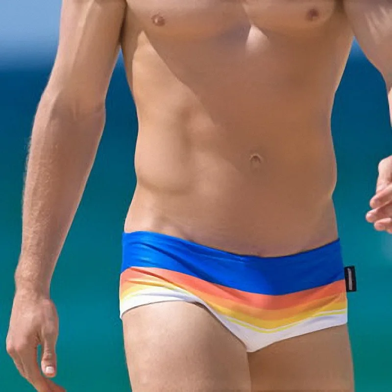 

Fashion Men's Casual Swimwear Swim Trunks Rainbow Gradient Stripe Swimsuit Briefs Surf Sport Beach Bath Shorts Gay Boxer Briefs