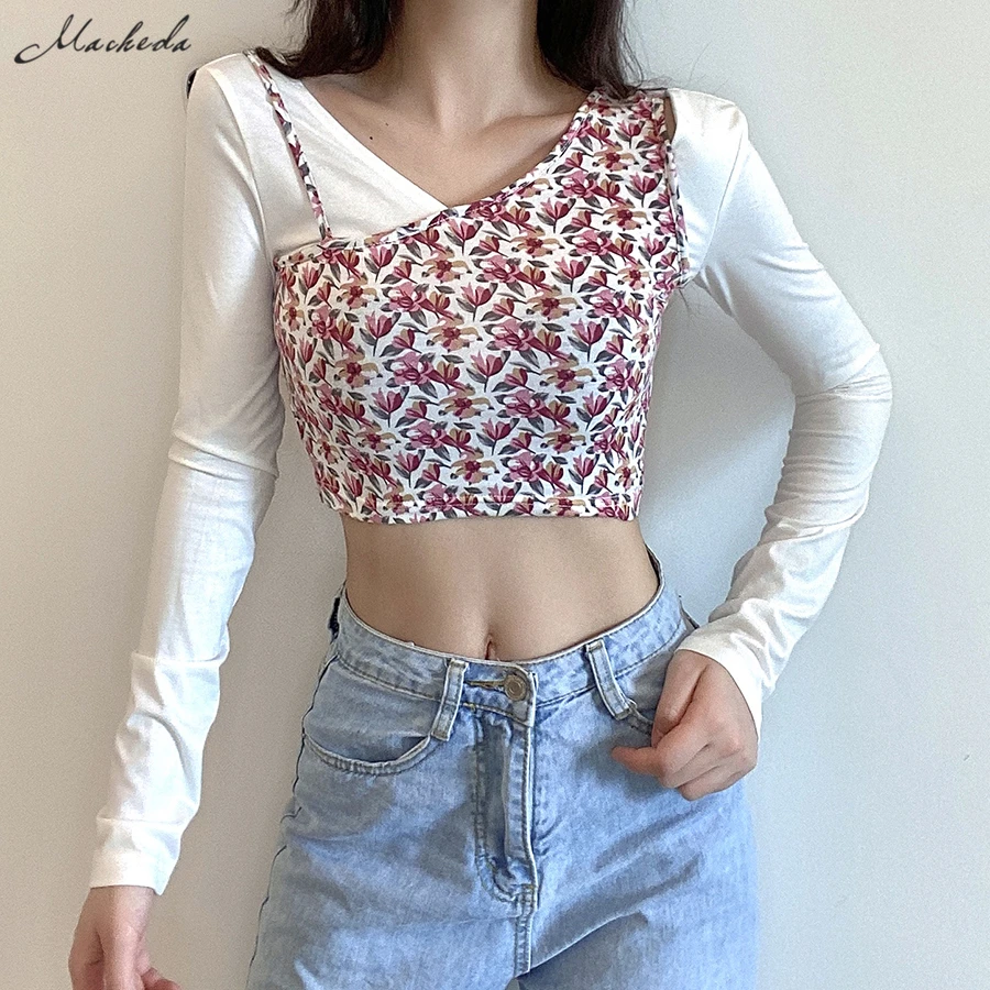 

Macheda Fashion Printing Casual Patchwork T shirt Women Long Sleeve V Neck Clothing Street Slim Lady Short Top 2020 New