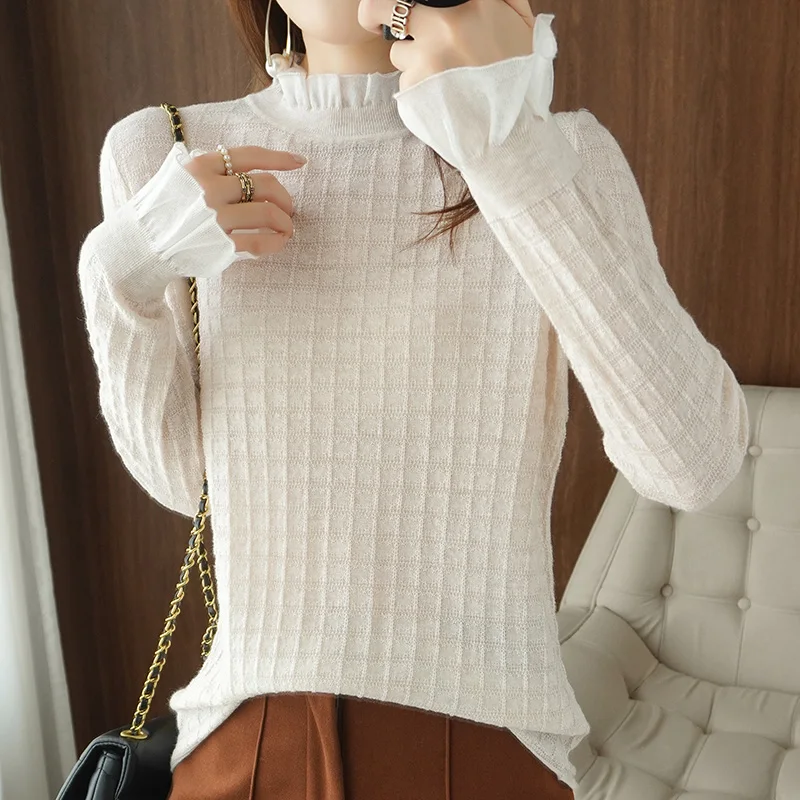 

Women's Pullover 2021 Fall/Winter New 100% Wool Sweater Casual Solid Color Knitted Frill Collar Cashmere Sweater Plus Size