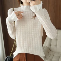 womens pullover 2021 fallwinter new 100 wool sweater casual solid color knitted frill collar cashmere sweater plus size