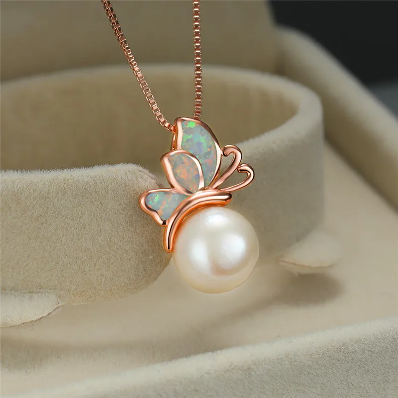 Female Blue White Opal Pendant Necklace Charm Butterfly Rose Gold Pearl Necklaces For Women Dainty Animal Wedding | Украшения и