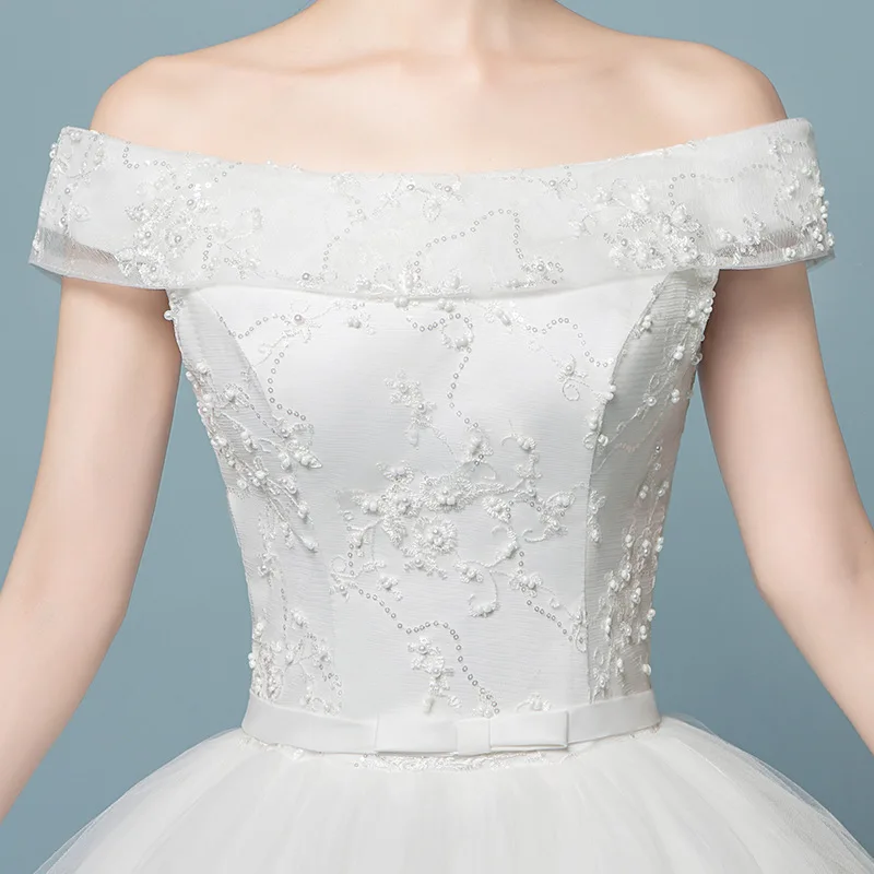 

Cheap Vestido Noiva Longo High Quality Wedding Dress Lace Off the Shoulder Boat Neckline Floor Length Bridal Gown Bryllupskjole