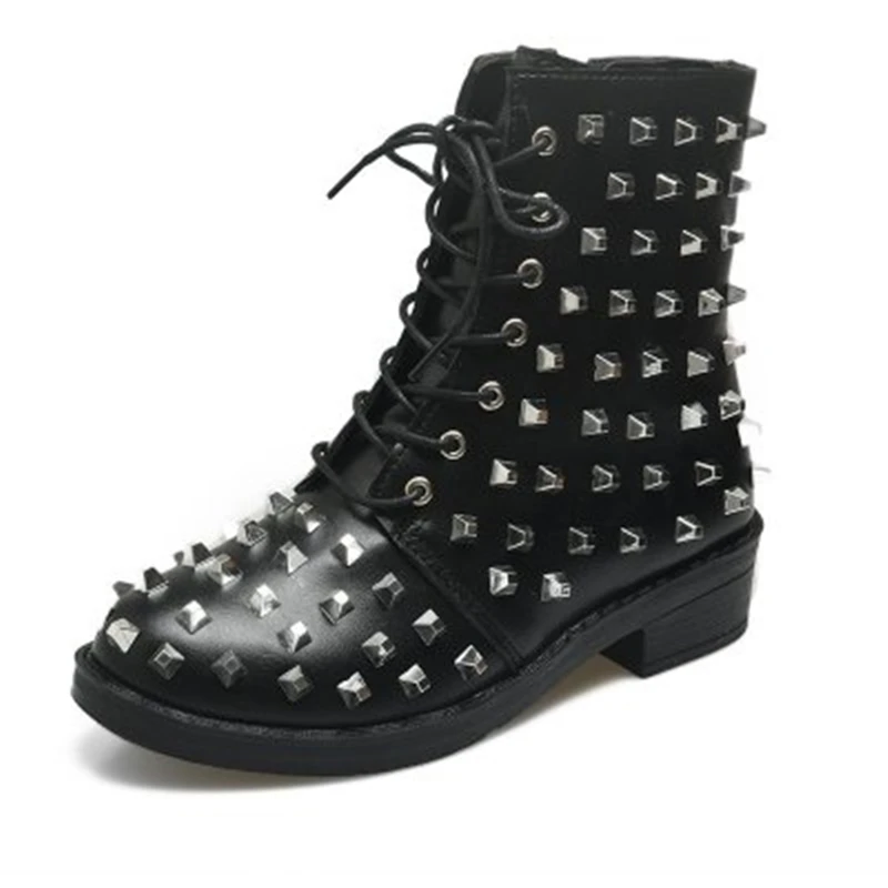 

Silver Rivets Studs Women's Boots Luxury Brand Designer Platform Shoes For Woman Black Gothic Leather Ankle Boots Female