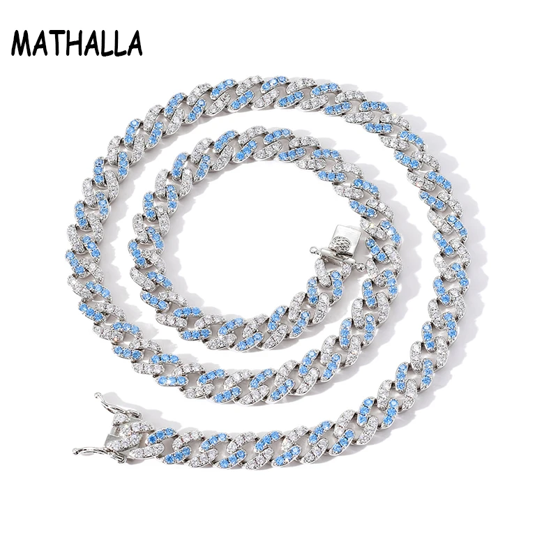 

MATHALLA 9MM Blue Zircon Miami Cuban Chain Necklace Gold Plated Cubic Zircon Necklace Hip Hop Men's Women's Fashion Jewelry
