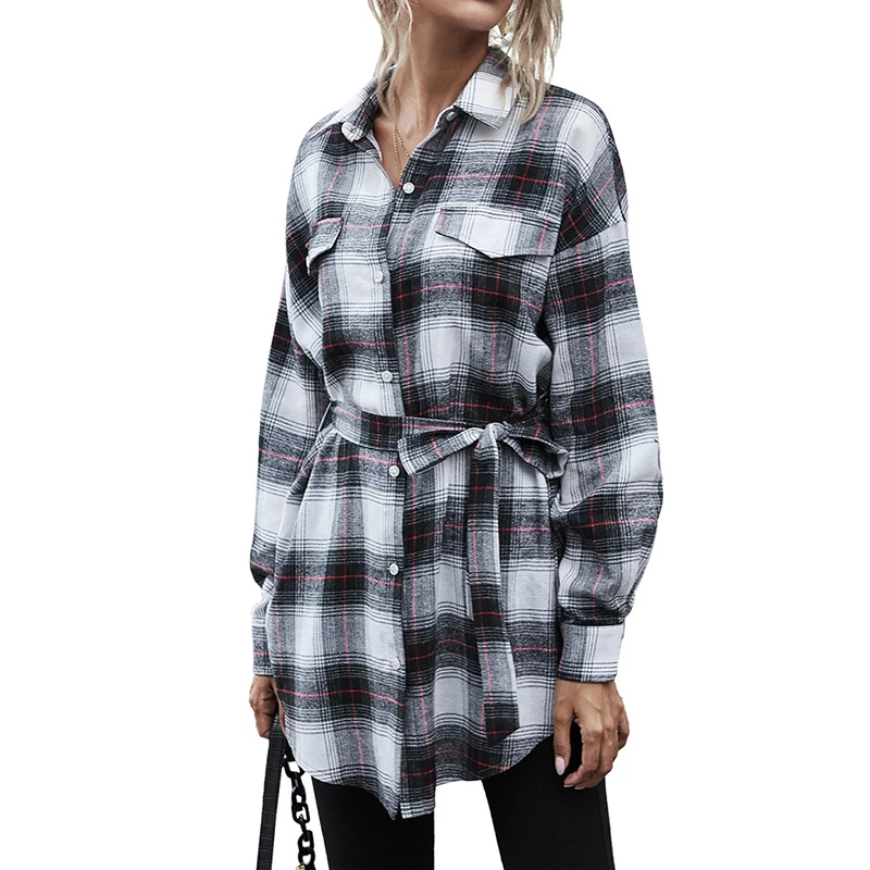 

Ailegogo New Spring Autumn Women Streetwear Plaid Lapel Loose Coat Vintage Female Single Breasted Casual Outwear with Belt Tops