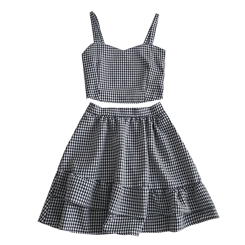 

2021 Spring Twp Pieces Sets Women Elastic Spaghetti Plaid Tops And Elastic Skirts Outfits Preppy Cute Sets For Women