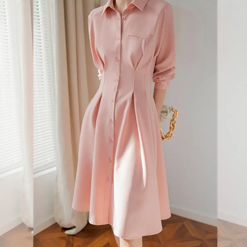 

2021 spring and summer new slim slim simple PoLo collar shirt skirt long pink waist dress