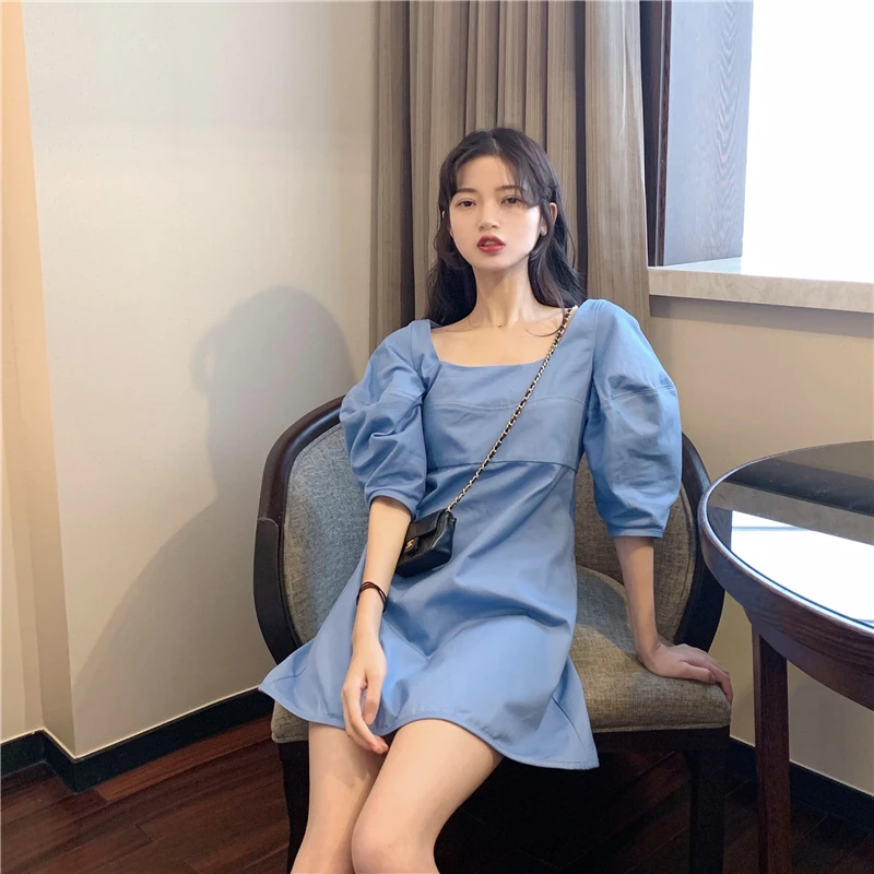 

sweet spaghetti strap off shoulder puff sleeve square collar summer style Korean blue mini-dress Women's Clothing vestidos new