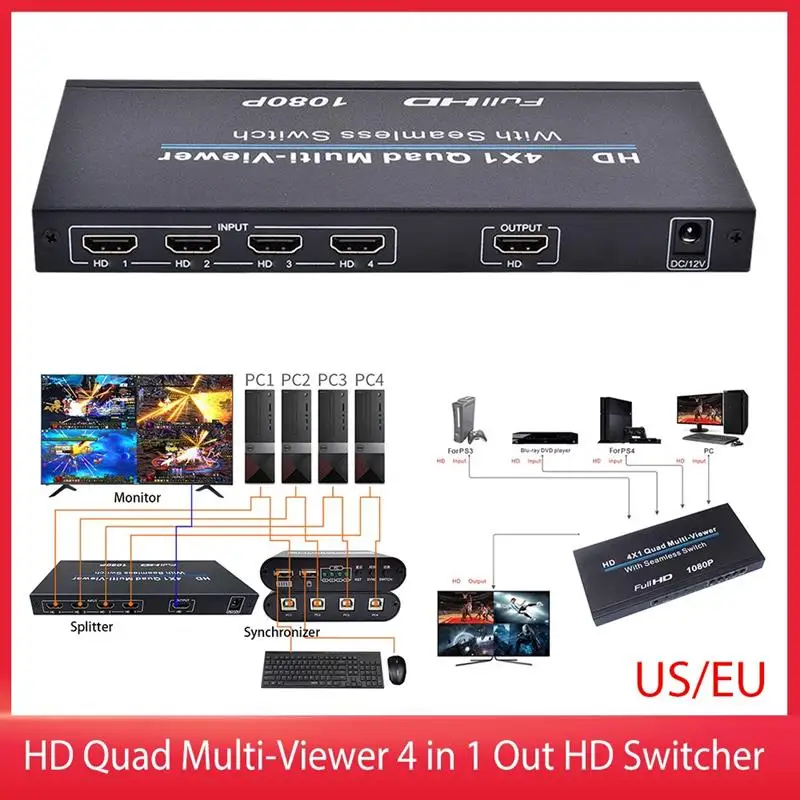 

Quad Multiviewer 4 in 1 Out HD Switcher 1080P HD Seamless IR Control 3D 5 Modes HDMI-Compatible Split Screen for PC/STB/DVD
