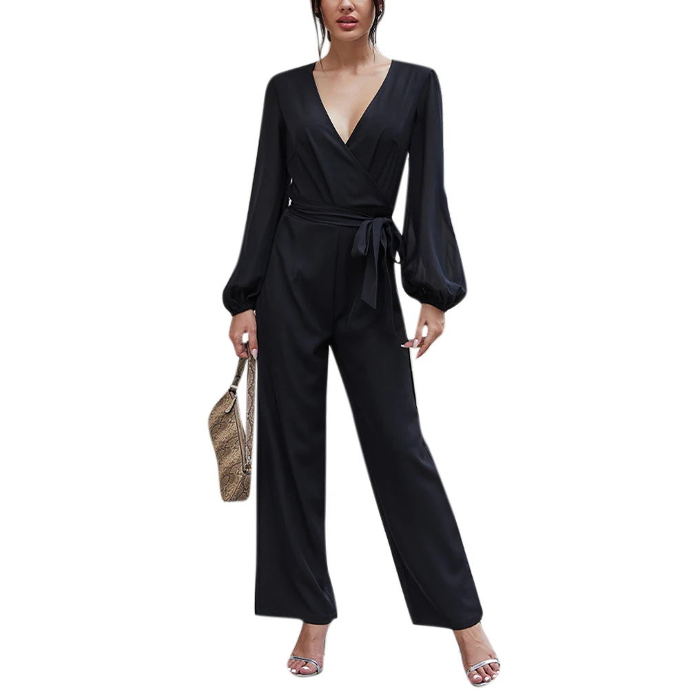 

Elegant Black Women Autumn Jumpsuits Long Sleeve Deep V Neck Sexy Rompers Sashes Straight Trousers Office Lady Work Clothing
