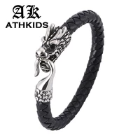 hot blackbrown men leather braided bracelets personalized stainless steel dragon head bracelet male wrist band jewelry pd0391