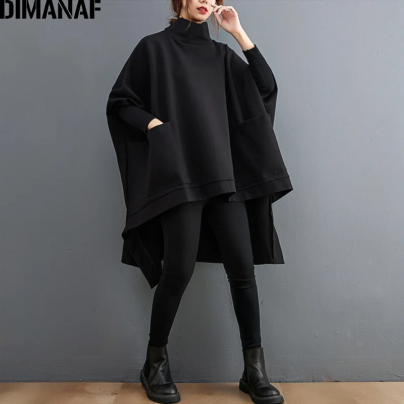 

DIMANAF Oversize Pullover Women Clothing Sweatshirt Winter Autumn Cotton Thicken Turtleneck Vintage Lady Tops Loose Casual Black