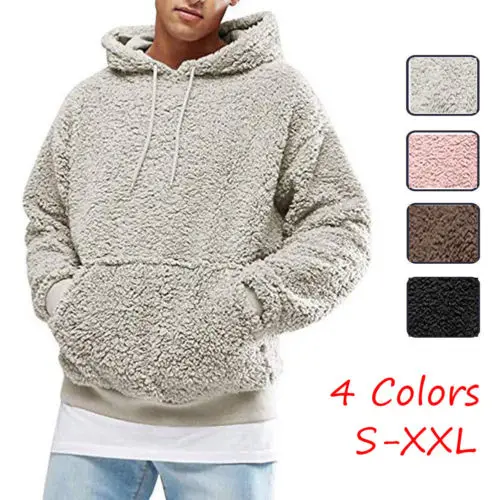 

Mens Hoodie Sherpa Fleece Sweatshirts Fuzzy Long Sleeve Fall Outwear Winter Hooded with Kangaroo Pockets