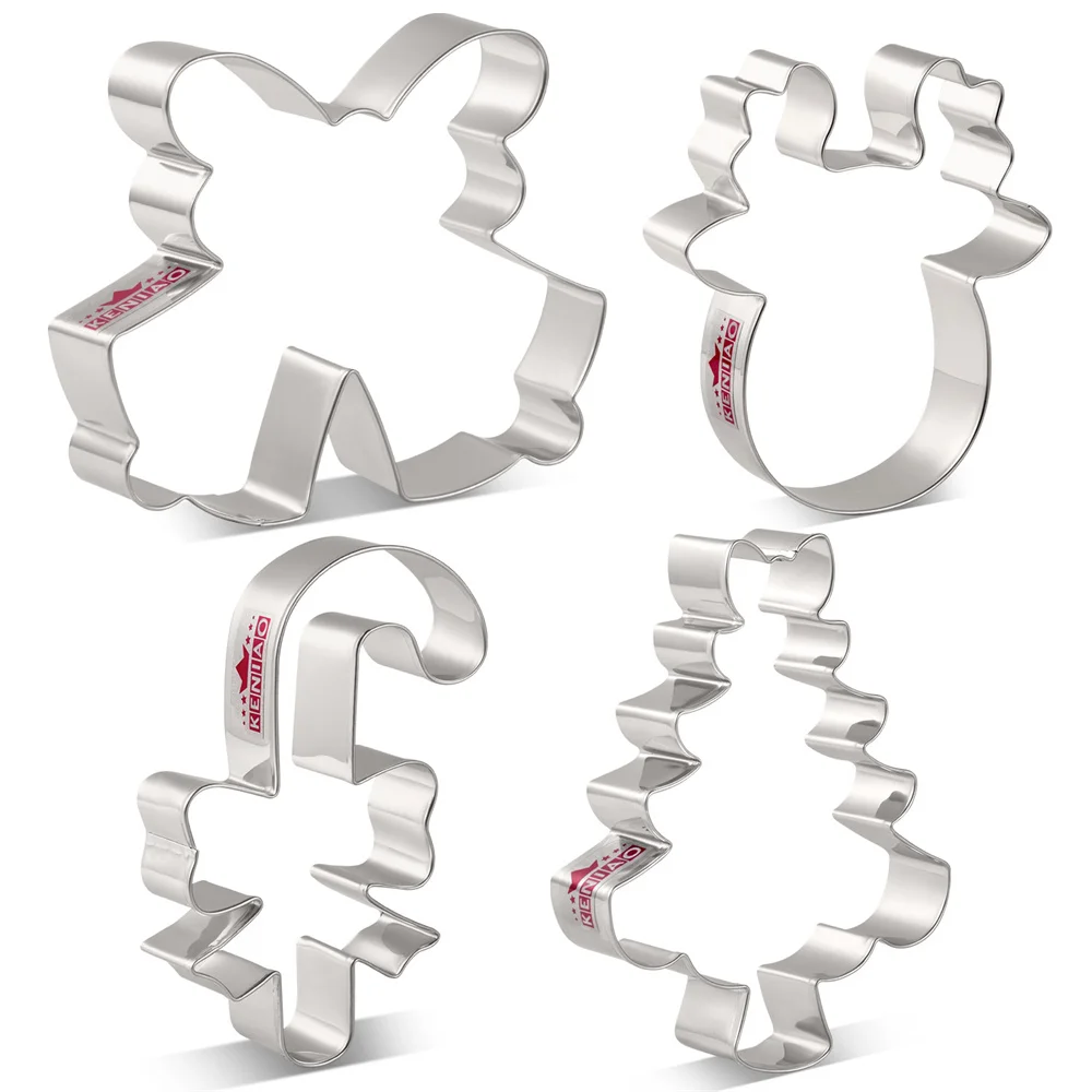 

KENIAO Christmas Cookie Cutter - 4 PC - Double Bell, Crutch, Tree, Deer Biscuit Fondant Bread Molds - Stainless Steel - by Janka