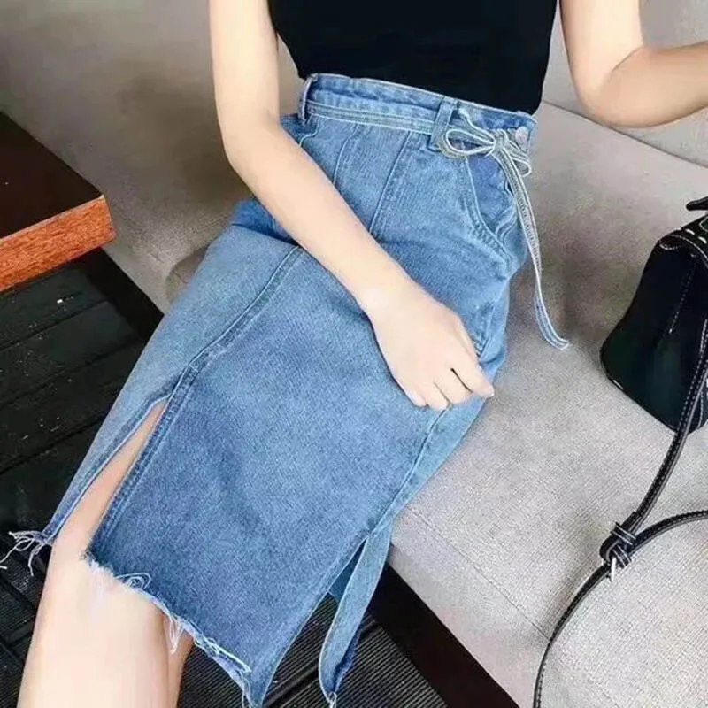 Женская длинная джинсовая юбка с бантом на поясе летняя винтажная средней длины