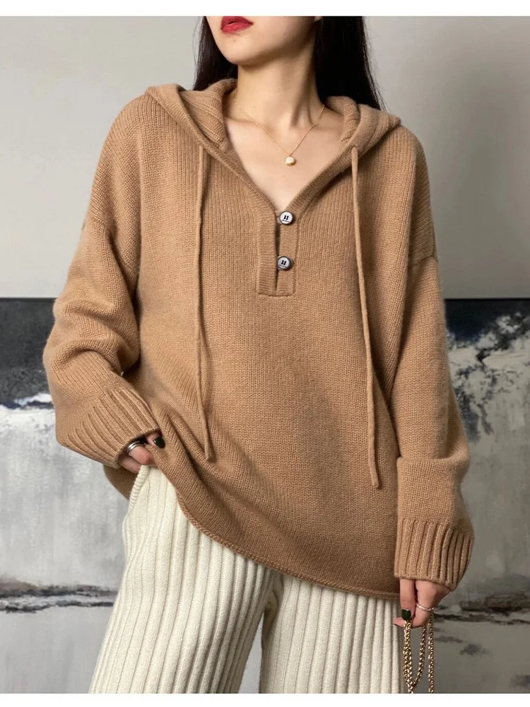 Фото Женский кашемировый пуловер с V-образным вырезом и капюшоном Свободный