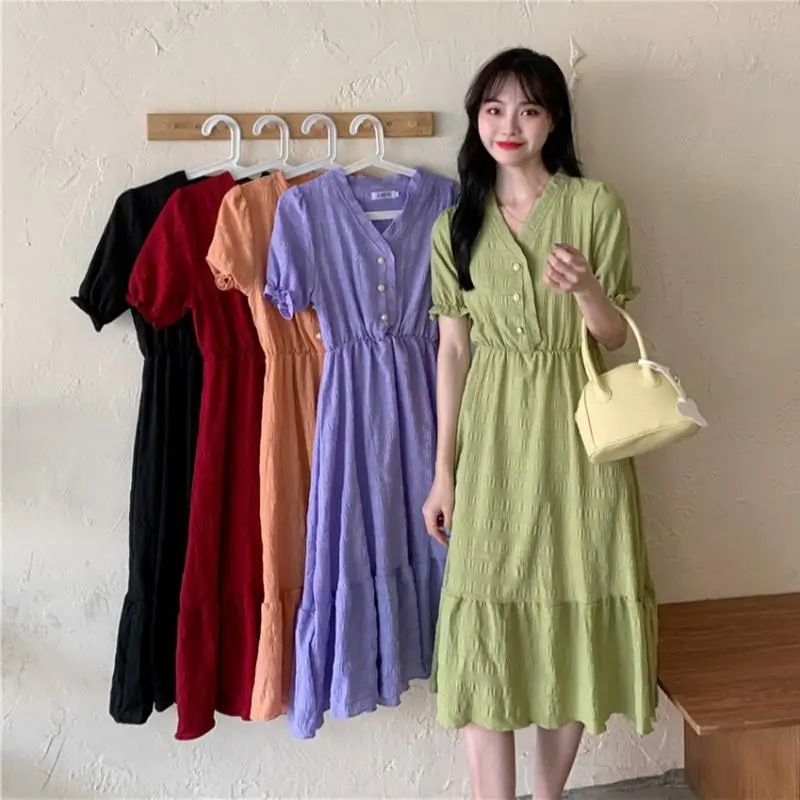 

2022 Summer New Style Waist Slimming V-Neck Mid-Length Short-Sleeved Dress Women Clothing Dresses vestidos elegantes para mujer