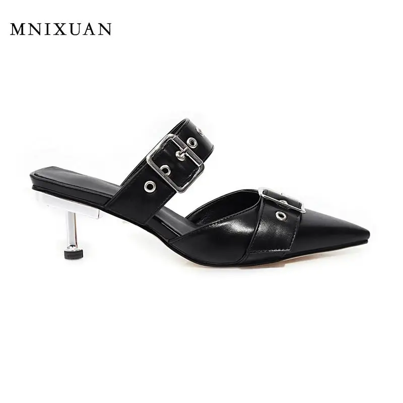 MNIXUAN Classics women mules slippers summer outdoor 2020 new covered pointed toe pumps high heels buckle sandals size 46 | Обувь