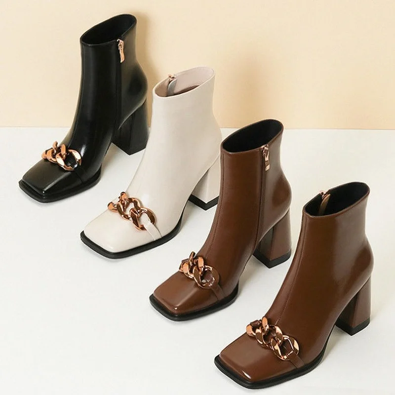 

New Women Boots Women's Shoes Autumn and Winter Square Toe Chain High-heeled Ankle Boots Brown Martin Boots Mujer Femme Zapatos