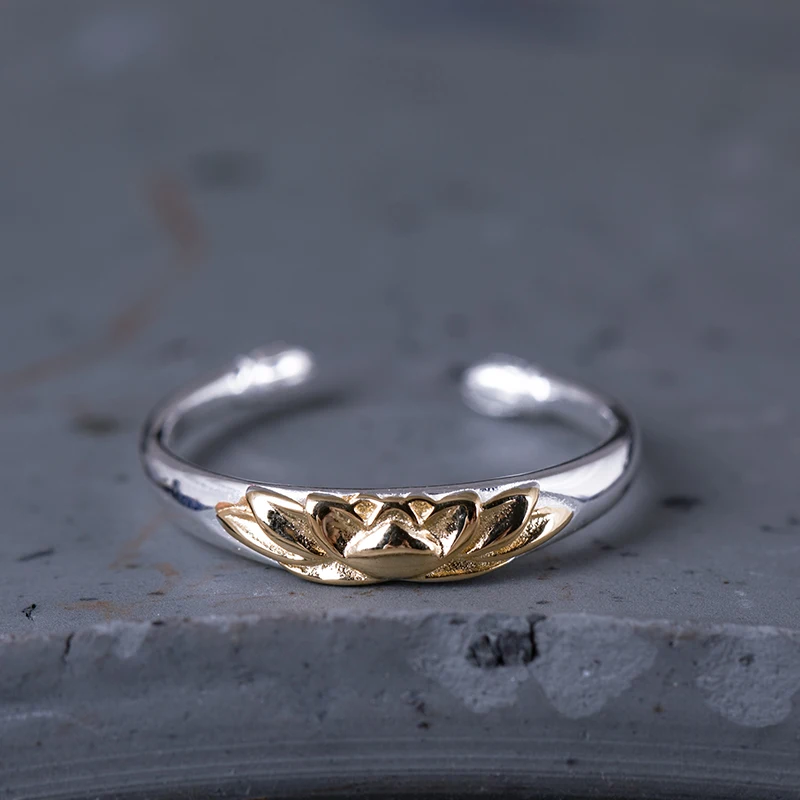 

VLA 925 Silver Creative Design Lotus Ring Women's Retro Simple Flower Adjustable Size Ring Jewelry