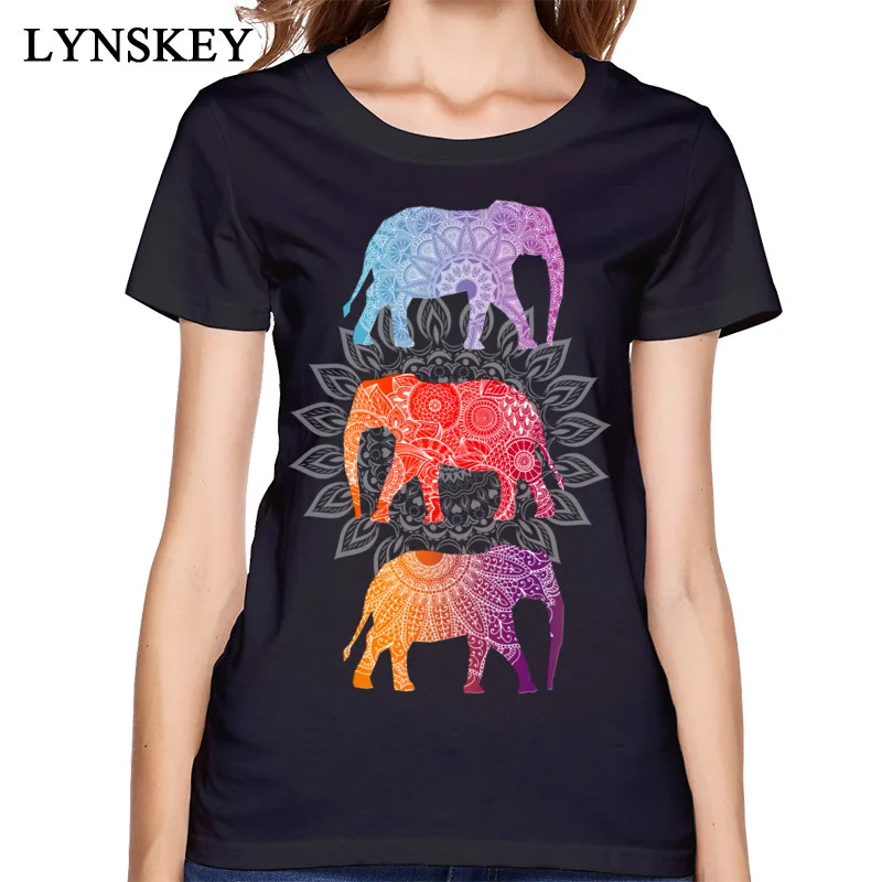 

Colorful Elephant Tshirt Women Classical Mandala Pure Cotton T Shirt Custom Birthday Gift Tee Shirts Art Design T-Shirt Summer