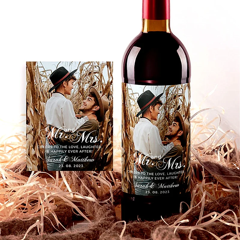 

Пользовательская фото Свадебная винная бутылка этикетка, персонализированная Mr и Mrs уличная Романтика Свадебная винная наклейка, классиче...