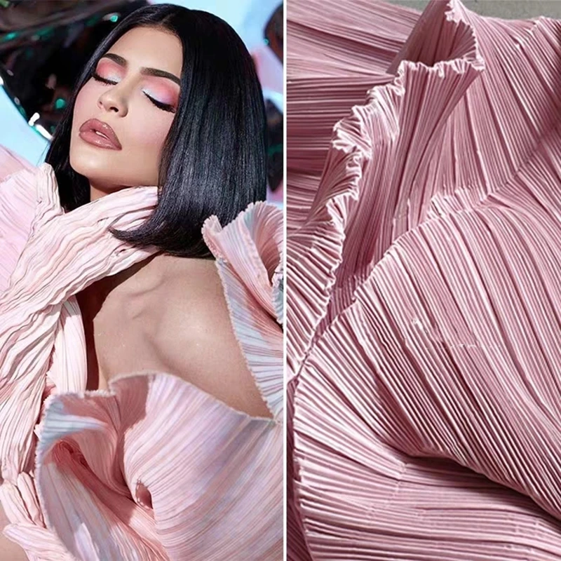 

Stiff Pleated Fabric Miyake Folds Pink DIY Background Art Painting Party Decor Pants Skirt Dress Clothes Designer Fabric
