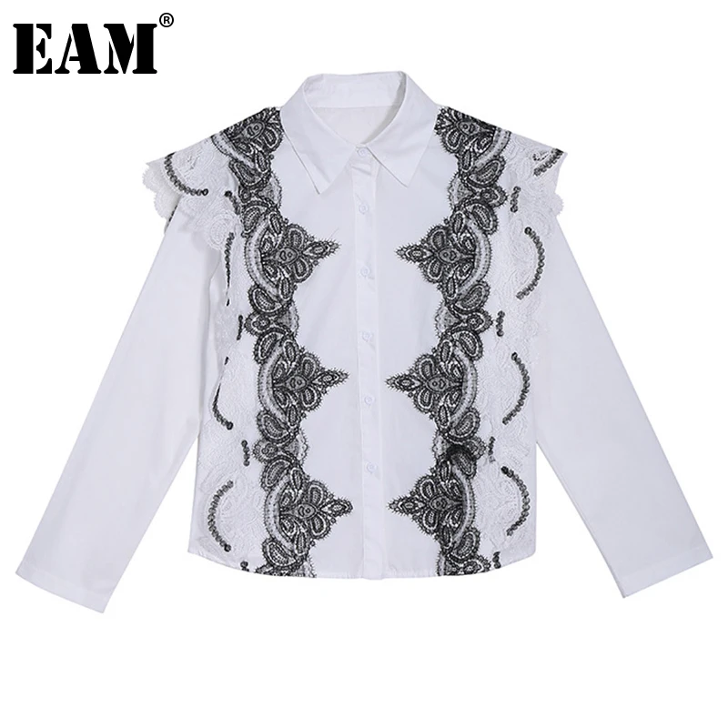 

[EAM] Women White Lace Spliced Casual Blouse New Lapel Long Sleeve Loose Fit Shirt Fashion Tide Spring Summer 2021 1DE0824