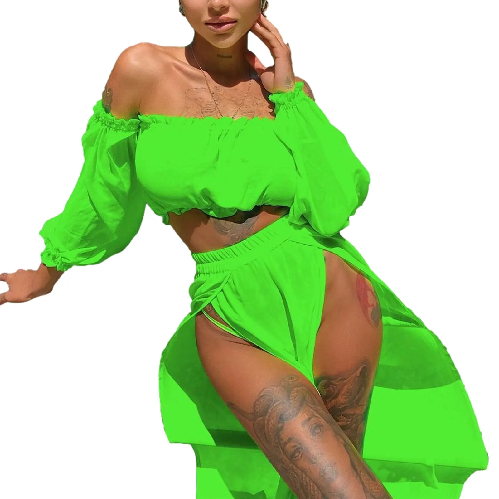 

Womens Sexy T-shirt and Skirt Suit Fashion Solid Color Long Sleeve Tops and Loose Split Long Skirt