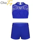 Комплект кружевной с коротким топом для девочек, без рукавов, с цветочным узором, Детская Одежда для танцев, ChicTry, сценический танцевальный костюм, гимнастические шорты