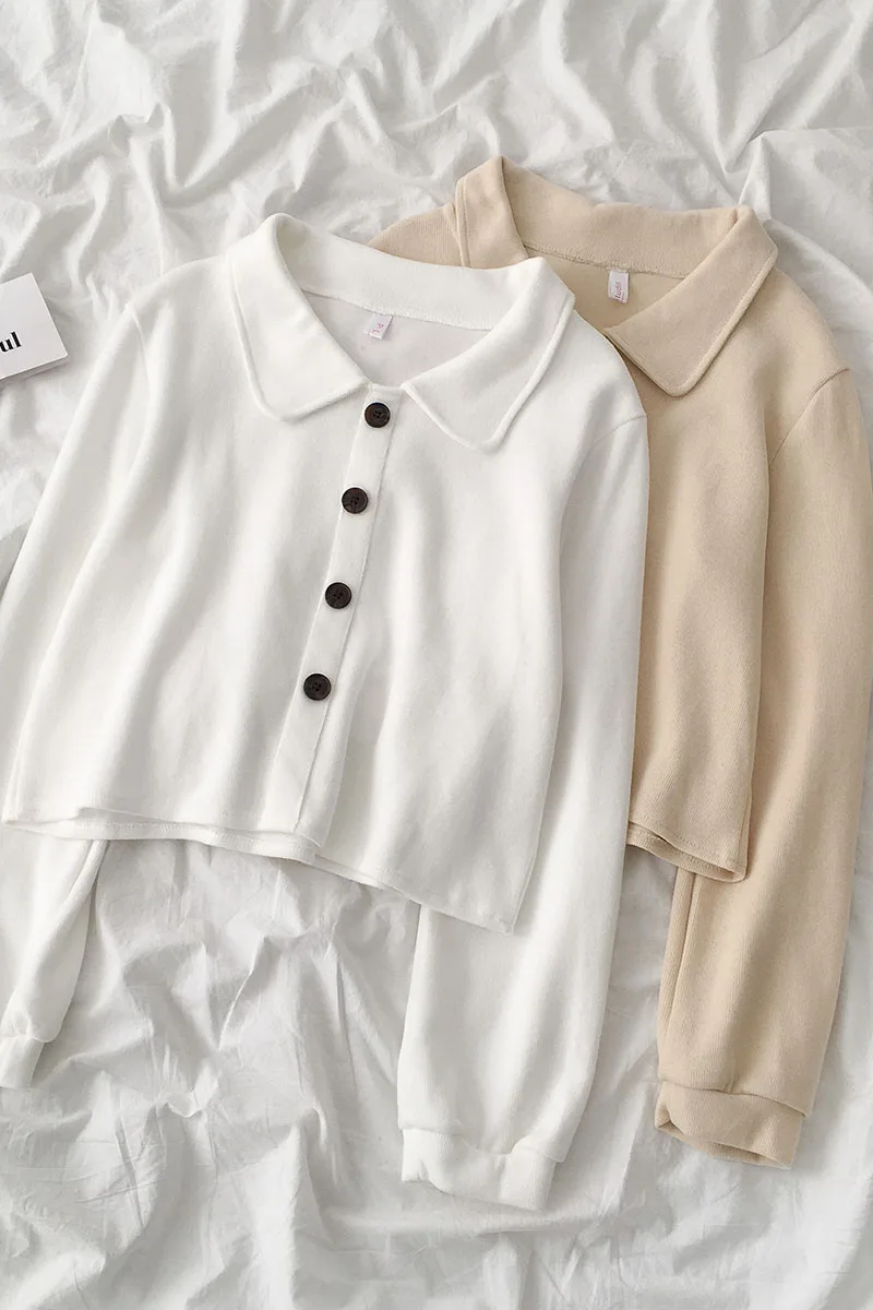 

Spring Autumn Chic Short Hoodies Women Korean Simple Turn-down Collar Long Sleeve Button Decor Pullovers Sweatshirts for Student