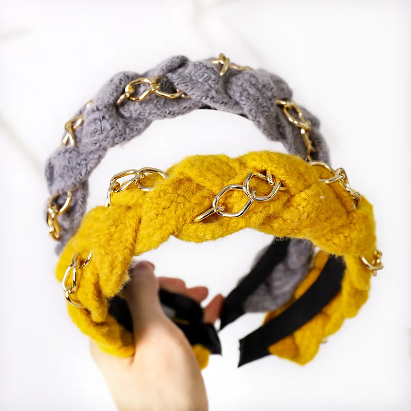 

Женская винтажная повязка на голову с металлической цепочкой, плетеный ободок, зажим для волос, вязаный обруч, аксессуары для волос