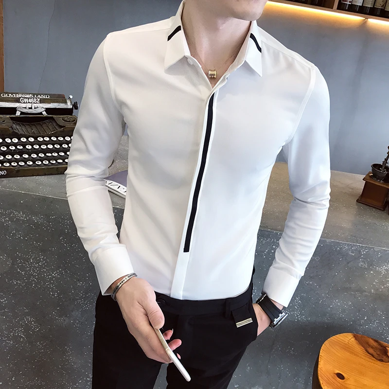 

Plus Size 5XL-M Black/White Shirt Men Clothing 2021 Spring New Long Sleeve Slim Fit Casual Business Formal Wear Blouse Homme Hot