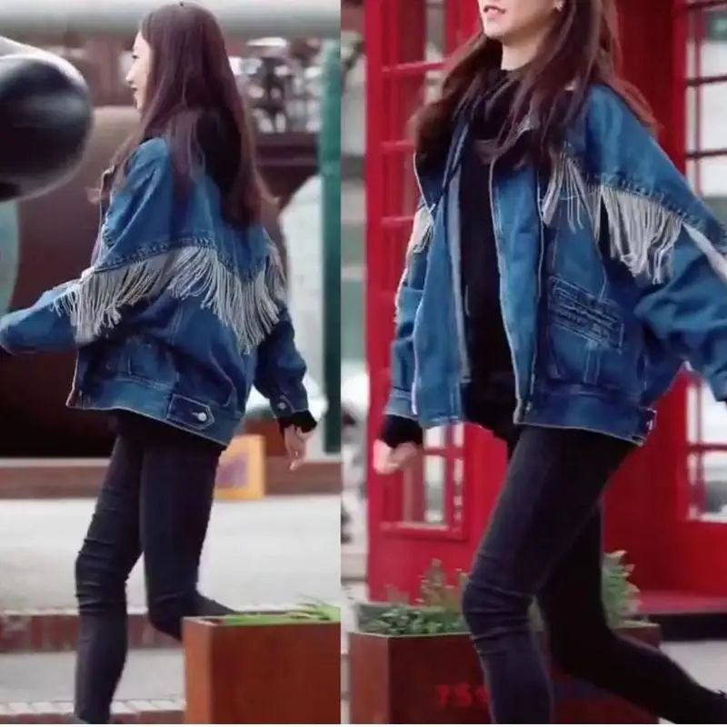 

2019 New Vintage Stylish Women Heavy Tassel Chain Cowboy Jacket Girls Student BF Wind Loose Ripped Jeans Jackets Outwear Coats