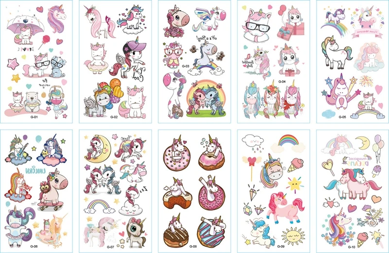 10pcs cute Cartoon Unicorn Tattoo For Kid Cute FakeTaty Tatouage Temporaire Body Art Waterproof Temporary Sticker | Дом и сад