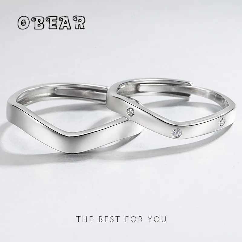 

OBEAR 100% 925 Sterling Silver Korean Simple Geometric Adjustable Couples Wedding Ring Valentine Day Gift Jewelry
