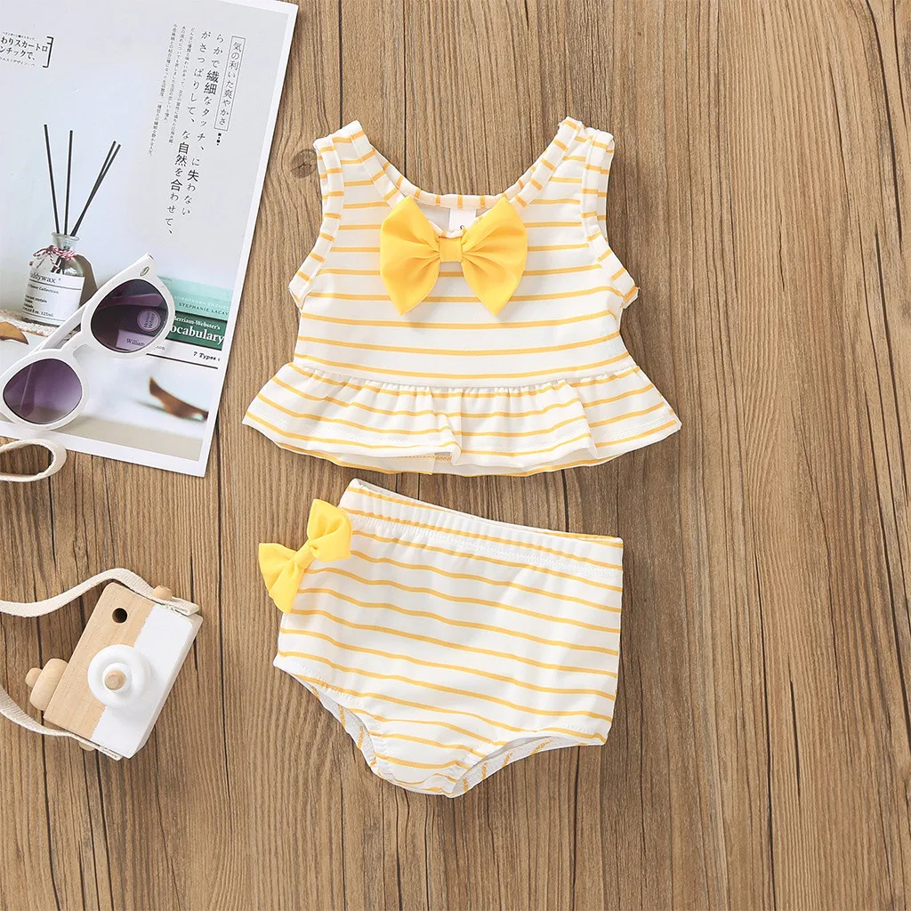 

TELOTUNY Swimwear Toddler Kids Baby Girl Bow Striped Bathing Suit Bikini 2pc Set Swimsuit 2021 Summer eparate Bathing Suit