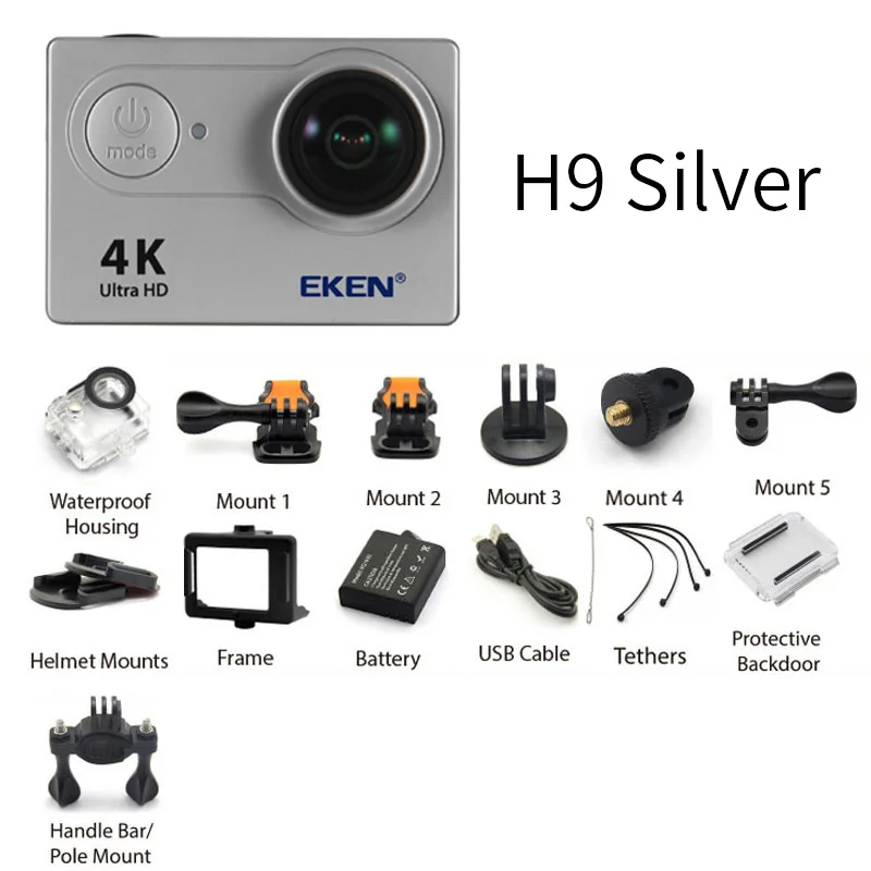 h9 Silver Экшн-камера eken H9 H9R wifi 4 K/30FPS 1080 p/60fps 720 P/120FPS Ultra HD мини-камера для подводной съемки Водонепроницаемая спортивная видеокамера - Цвет: h9 Silver