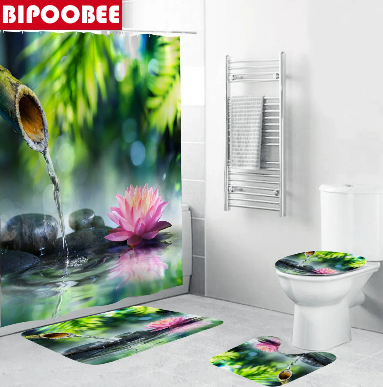 Черная занавеска для душа из дзен-камня бамбуковый лес озеро зеленое растение