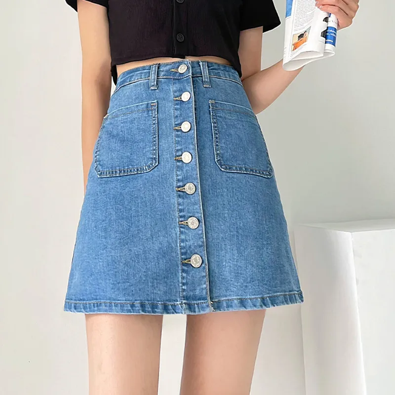 

Denim Skirt High Waist A-line Mini Skirts Women 2021 Summer New Arrivals Single Button Pockets Blue Jean Skirt Style