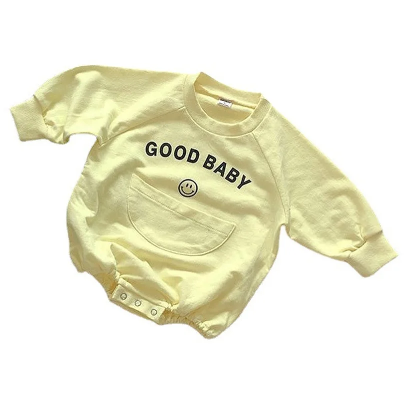 

Korea baby body suit 2021 spring baby's wear baby smile face letter one piece baby long sleeve hatsuit long sleeve bodysuit