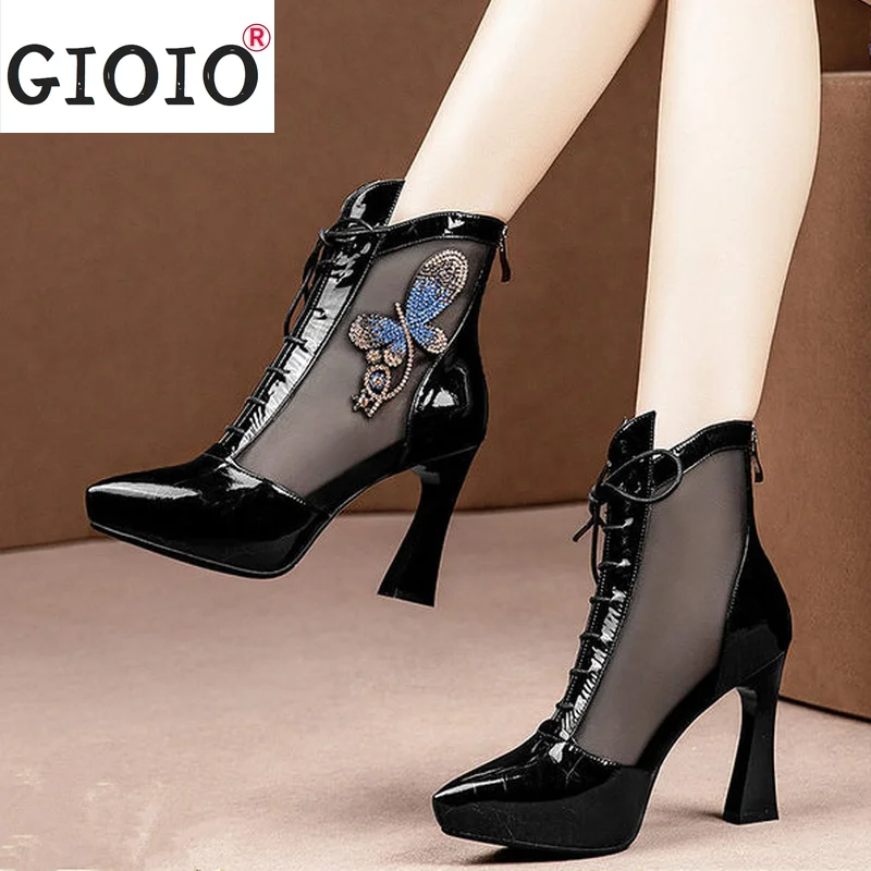 Women Boots Fashion Zipper Women's Boots Rhinestone Flowers Women's Ankle Boots Heeled Ankle Boots Mesh Breathable Women's Shoes