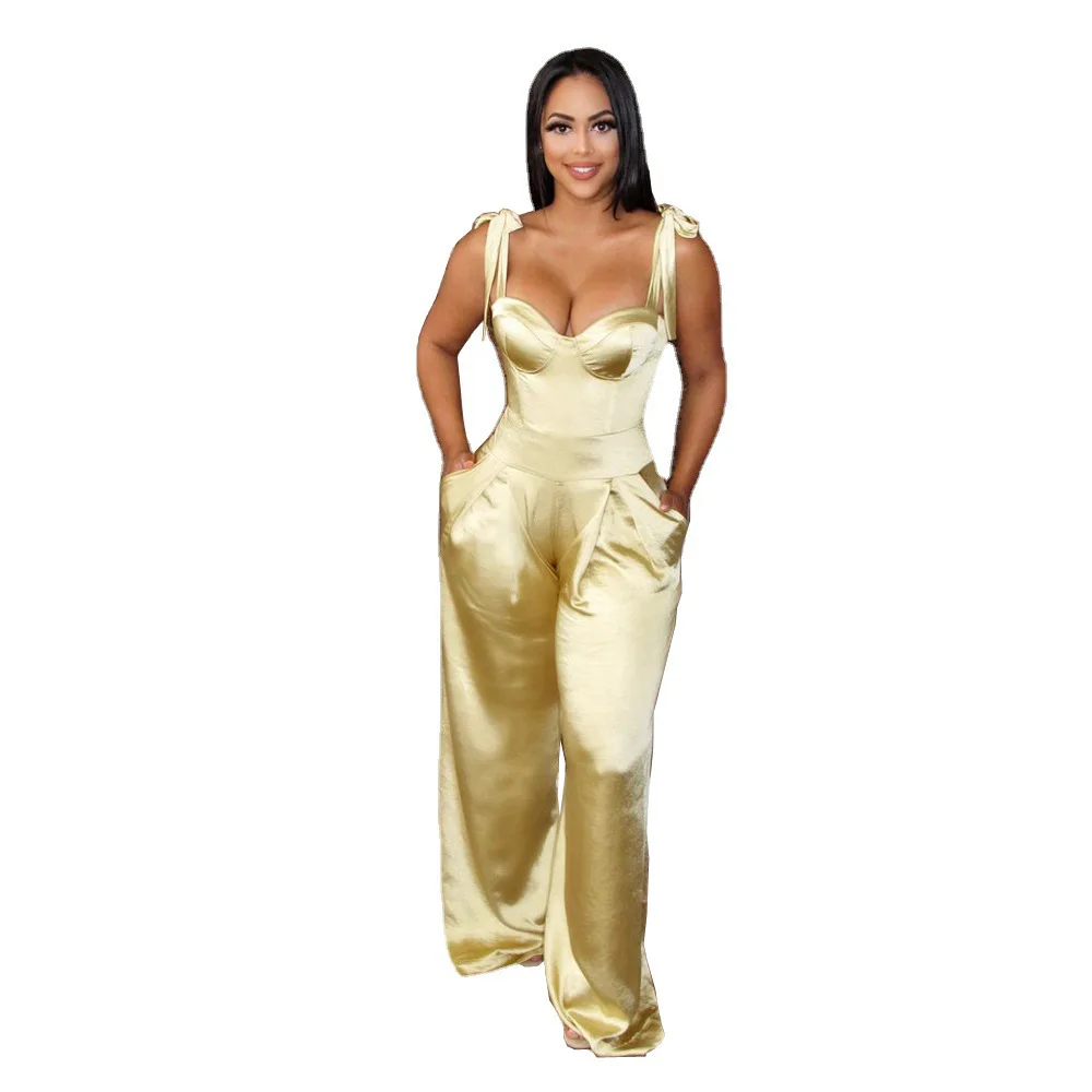 

European and American Sexy Sling Straps Waist Wide-Leg Satin Jumpsuit