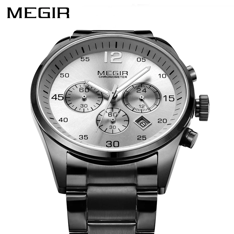

MEGIR Black Men's Watches with Stainless Steel Band Business Waterproof Quartz Military Wrist Watch for Man Clock Reloj Hombre