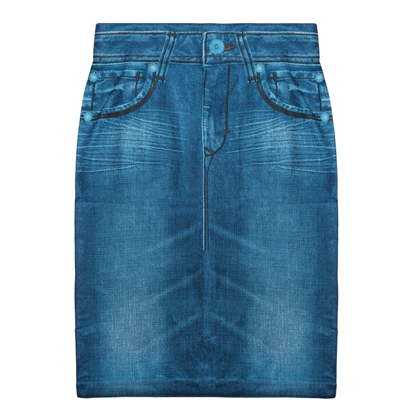 

Plus Size Women Faux Denim Skirt Fashion Print Seamless Jean Skirts Short Slim High Waist Elastic Polckets Female Mini Dress