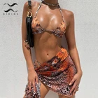 Бразильский купальник с цветочным принтом, комплект из 3 предметов, Сетчатое бикини, треугольные микро купальники, женский купальный костюм со стрингами и высоким вырезом, пляжная одежда