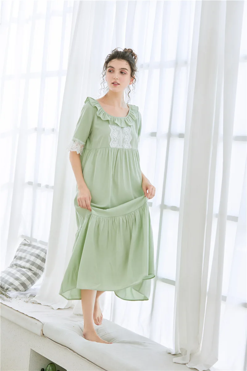 

2021 Spring and Summer New Nightdress Sweet Cute Solid Lace Stitching Sleeping Dress Court Princess Round Neck Sleepwear Women